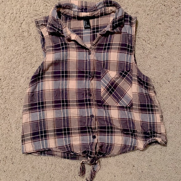 🐠2 for $16 Forever 21 Plaid Sleeveless Collared Tie Bottom Top - Picture 2 of 5